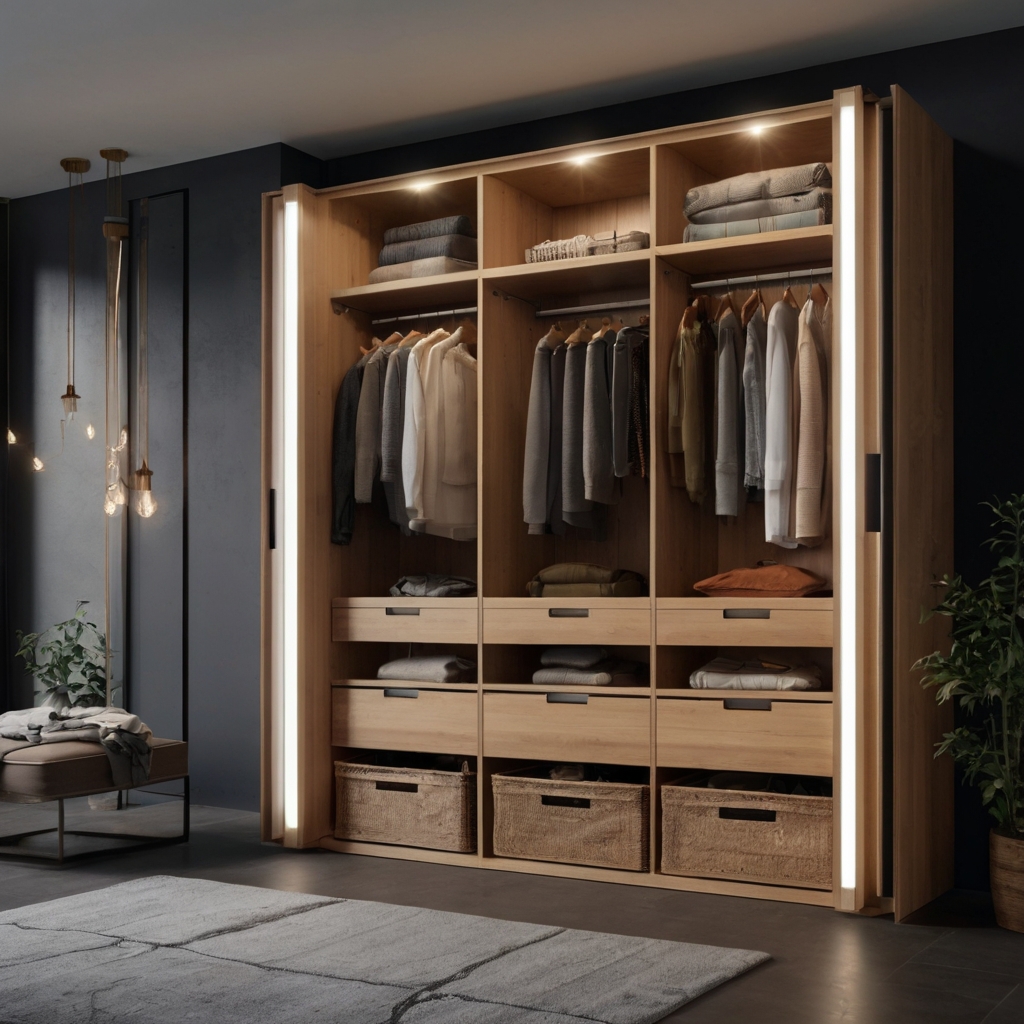 A modern closet with sliding doors, hidden organizers, and adjustable shelves for tidiness.