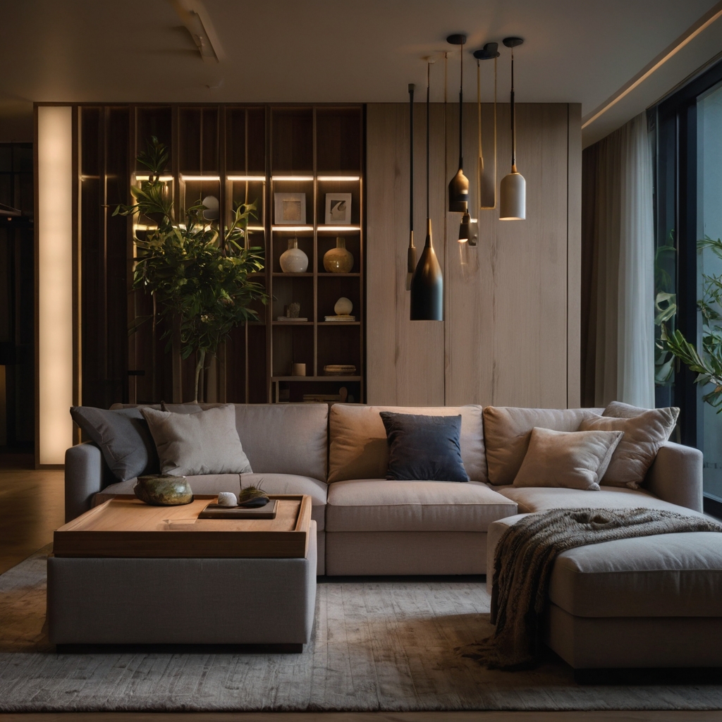 A stylish small living room with a hidden-storage ottoman and a sofa with built-in drawers. Warm lighting highlights the smart functionality.