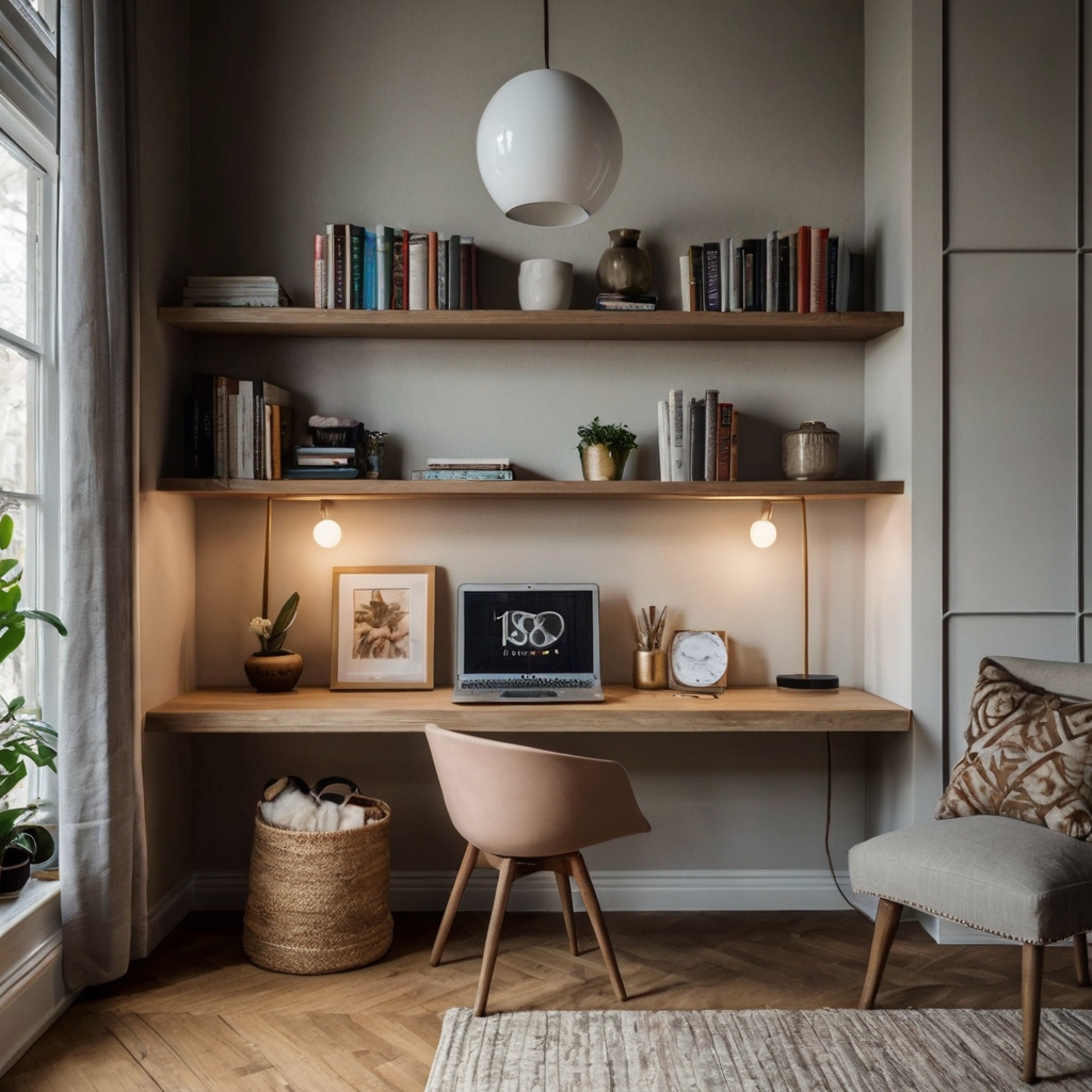 A compact workspace with a foldable wall-mounted desk and floating shelves. Soft pendant lighting highlights the clean design.