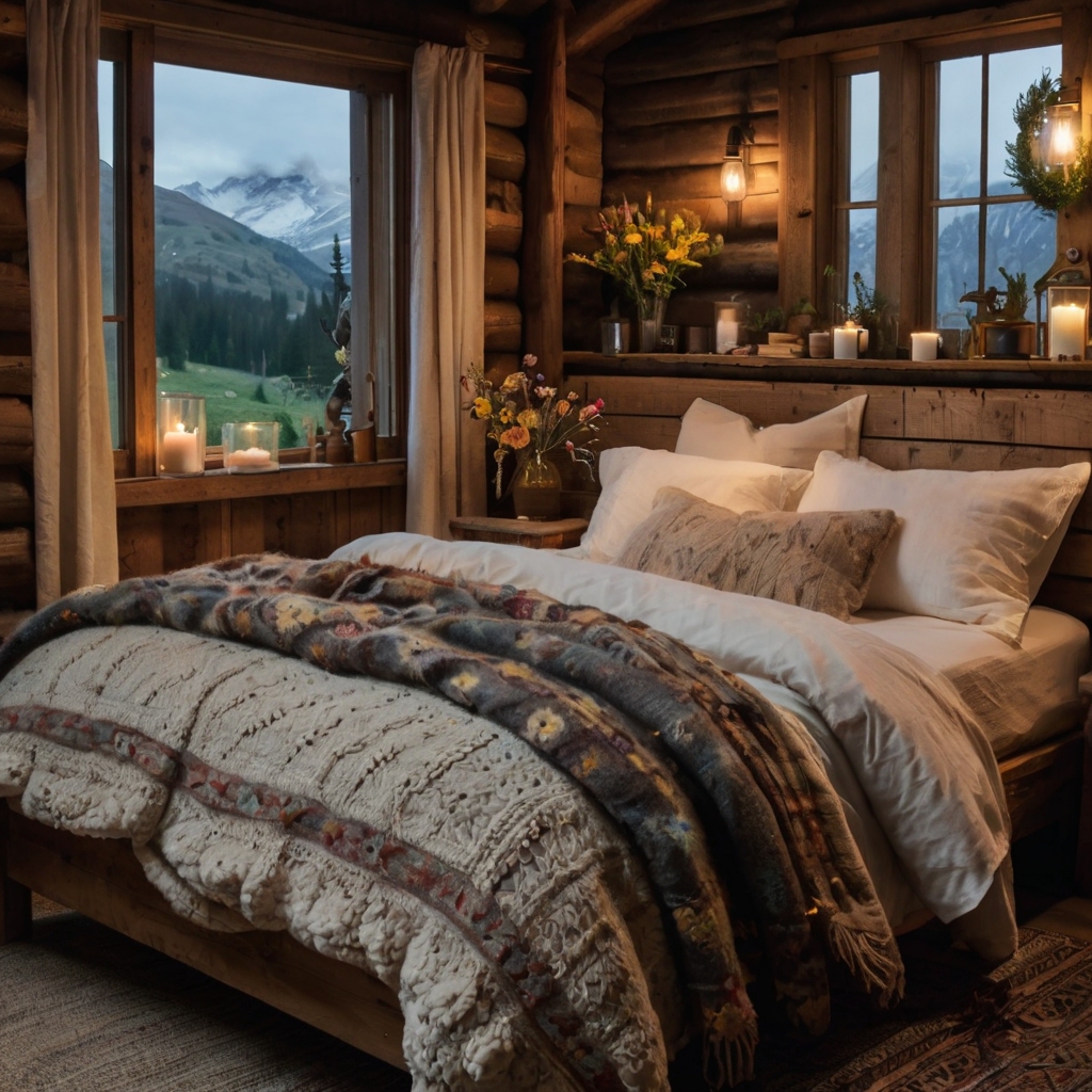 A cozy mountain-inspired bedroom with rustic wood elements and fresh wildflowers. Soft candlelight enhances the alpine charm of the space.