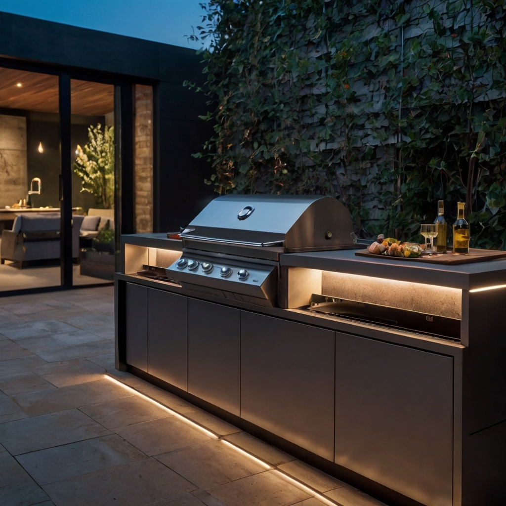 A futuristic outdoor kitchen with a smart grill, LED lighting, and built-in speakers. The ultimate modern grilling setup.