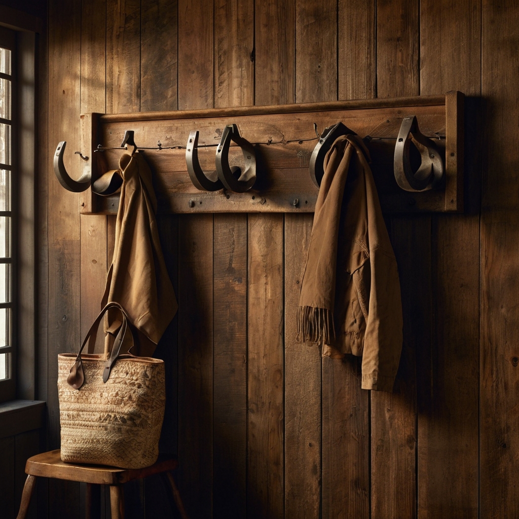 Rustic wooden entryway featuring mounted horseshoes as decorative coat hooks. Soft lighting emphasizes the aged metal, adding a farmhouse touch.