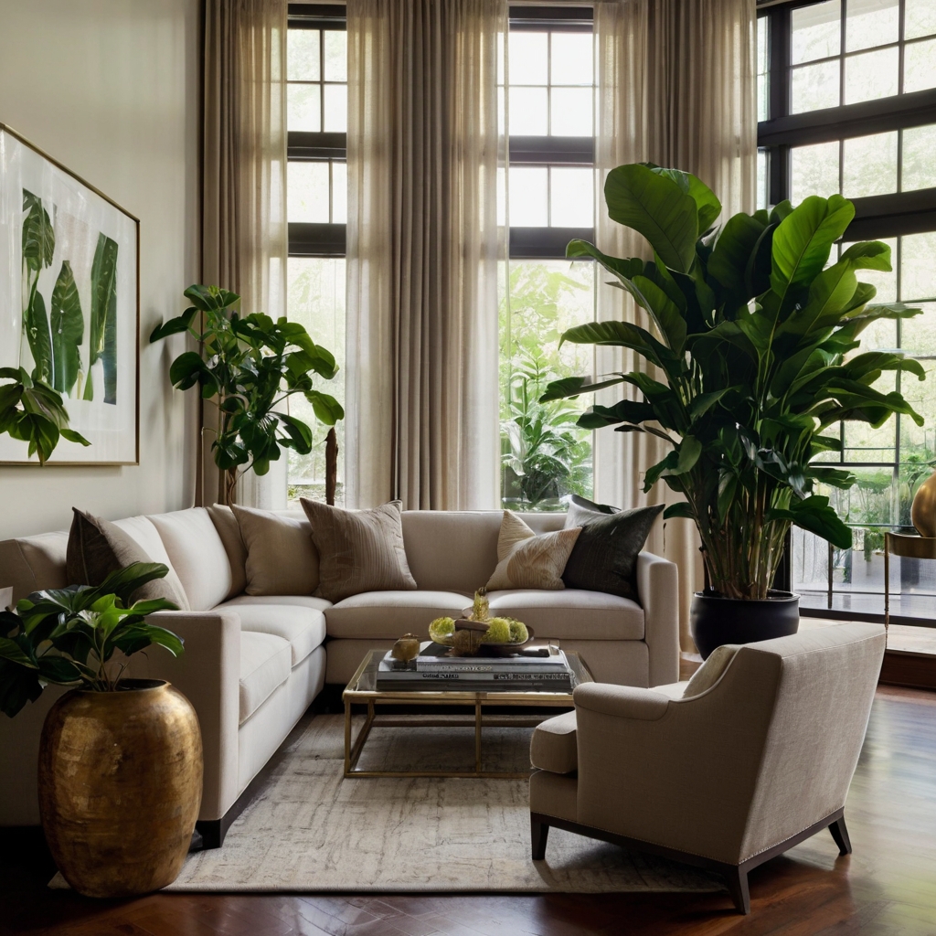 Lush indoor plants, including a fiddle-leaf fig, enliven a modern living room. Natural light filters through sheer curtains, enhancing the serene atmosphere.