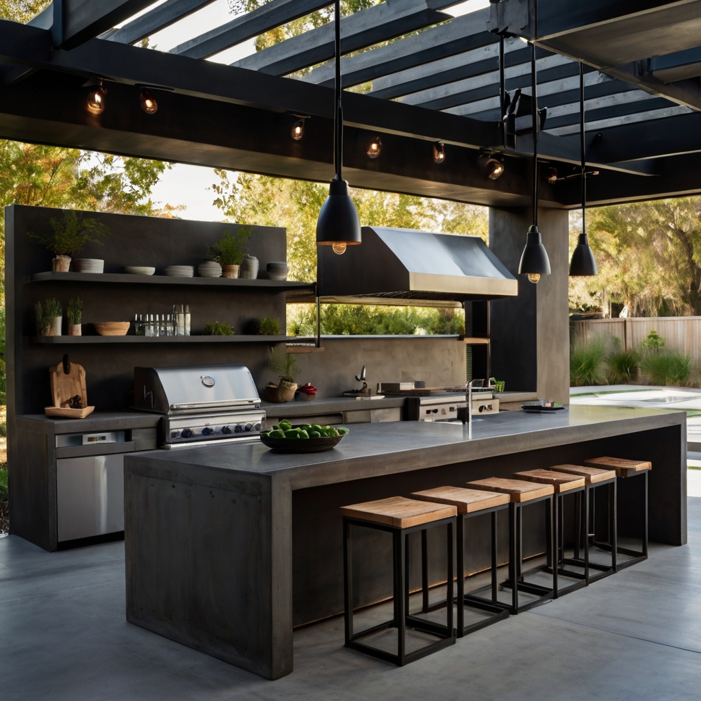 A bold, minimalist outdoor kitchen with exposed steel beams, concrete countertops, and a high-tech grill. A sleek industrial aesthetic.