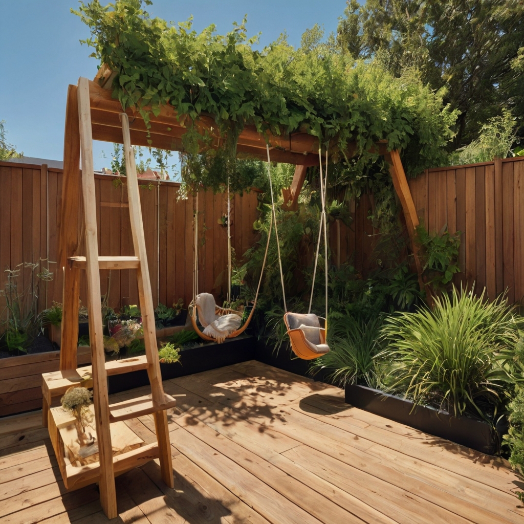 A smartly designed backyard with a hanging swing, foldable slide, and vertical garden. Space-saving fun meets creative outdoor play.