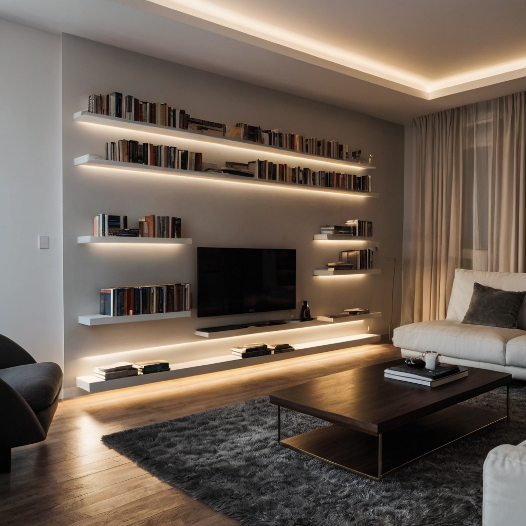 Floating bookshelves seamlessly mounted on a neutral wall. The minimalist design keeps books accessible without cluttering the floor.