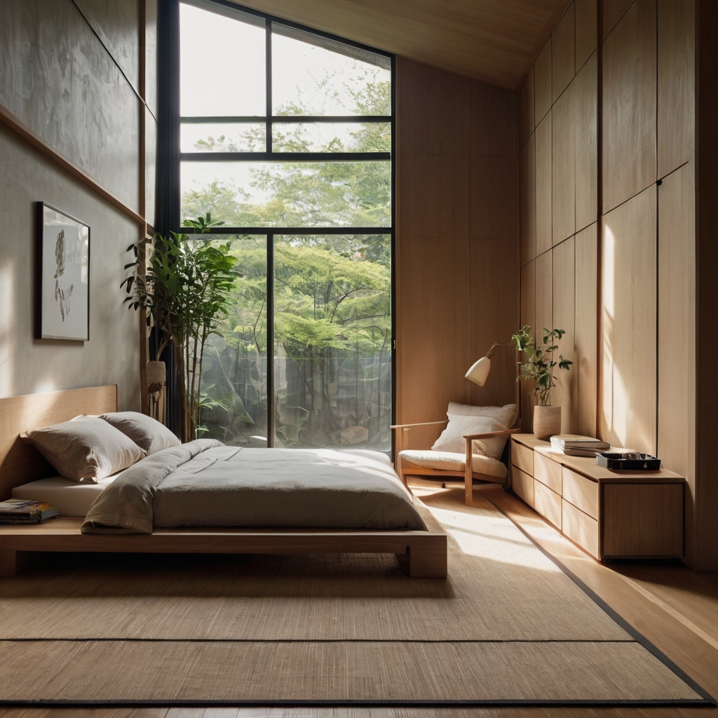 A fusion of Japanese and Scandinavian design with neutral tones and clean lines. A low bed on a tatami-style rug completes the serene, balanced look.