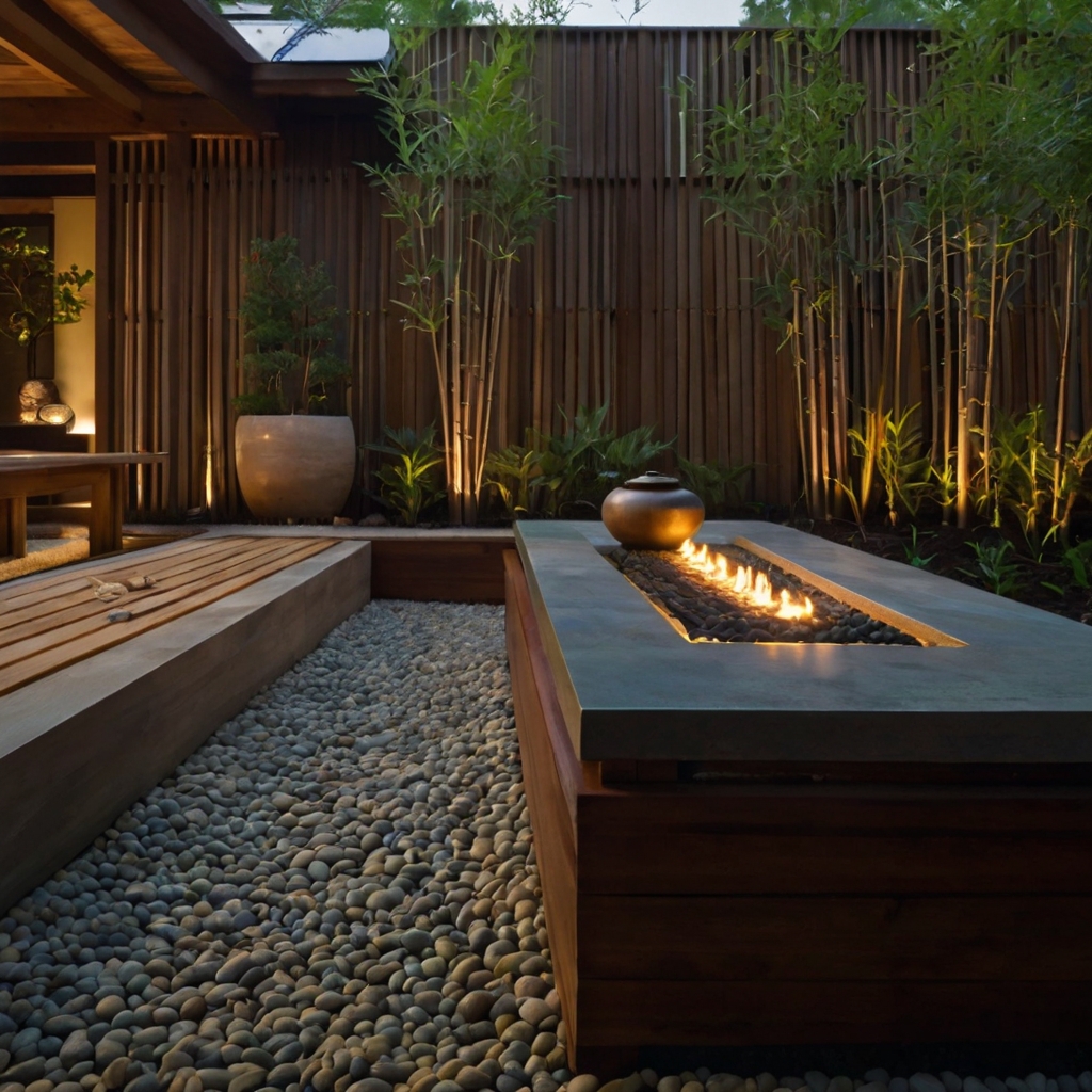 A serene Zen-inspired outdoor kitchen with bamboo accents, river stones, and a hibachi grill. A peaceful, minimalist retreat.