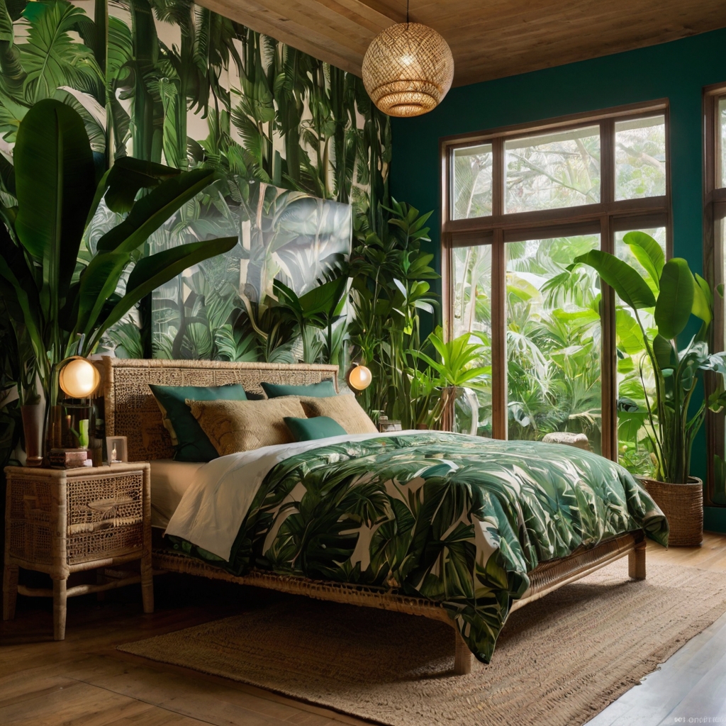 A vibrant bedroom featuring exotic plants and tropical prints, with large windows letting in natural light. The sunny atmosphere mimics a tropical jungle vibe.