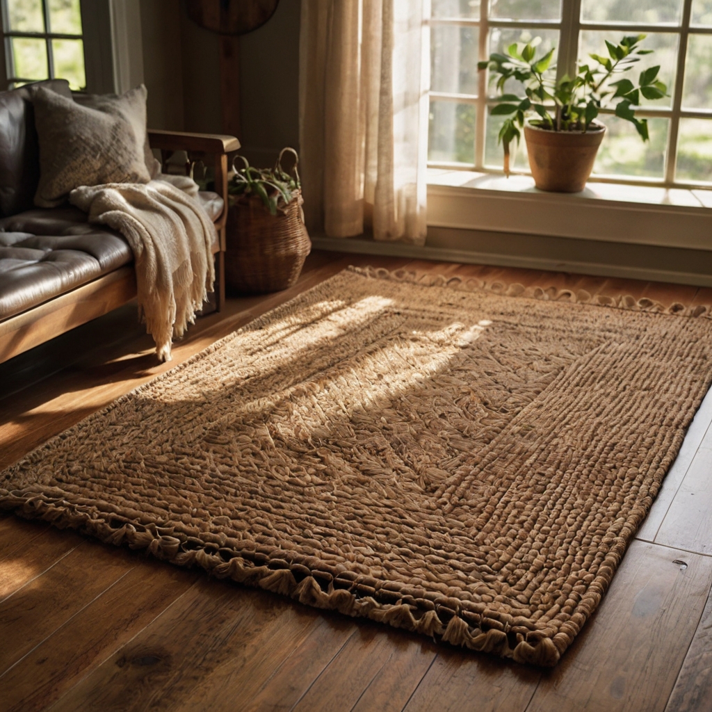 A handwoven jute rug placed on wooden floors in a cozy farmhouse living room. Sunlight enhances the natural fiber texture, adding rustic warmth.