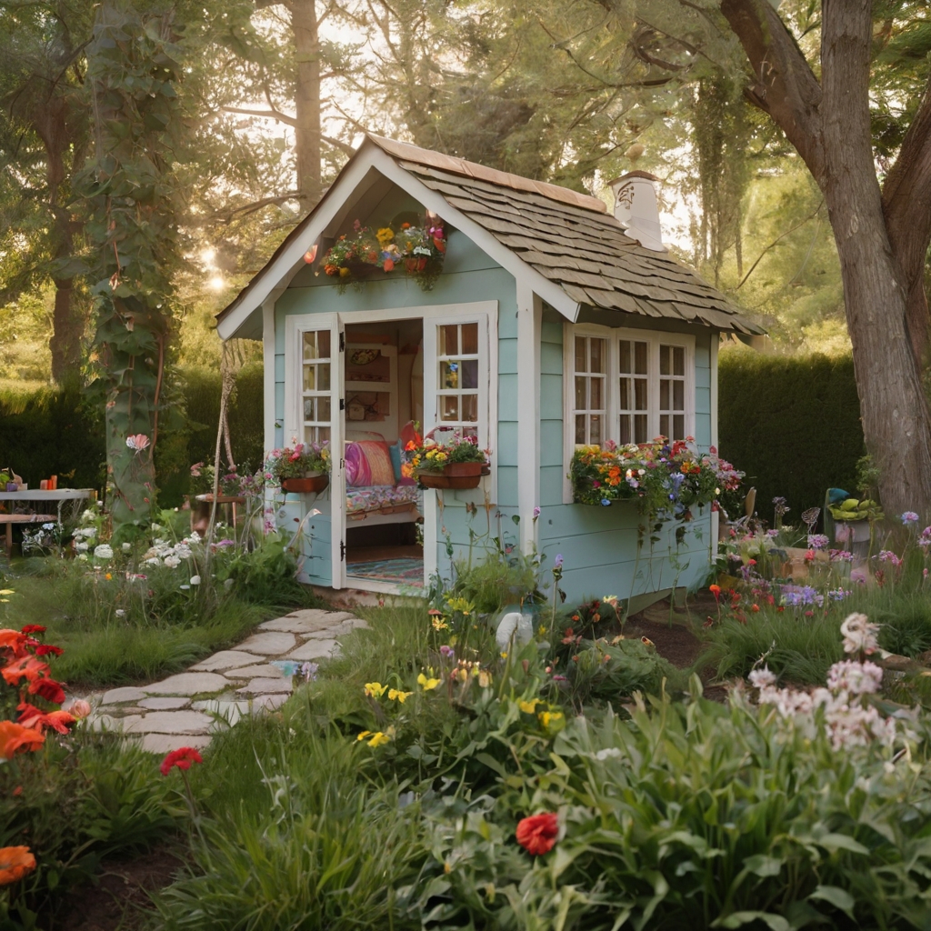 A whimsical wooden playhouse with pastel bunting, flower boxes, and laughter-filled adventure.