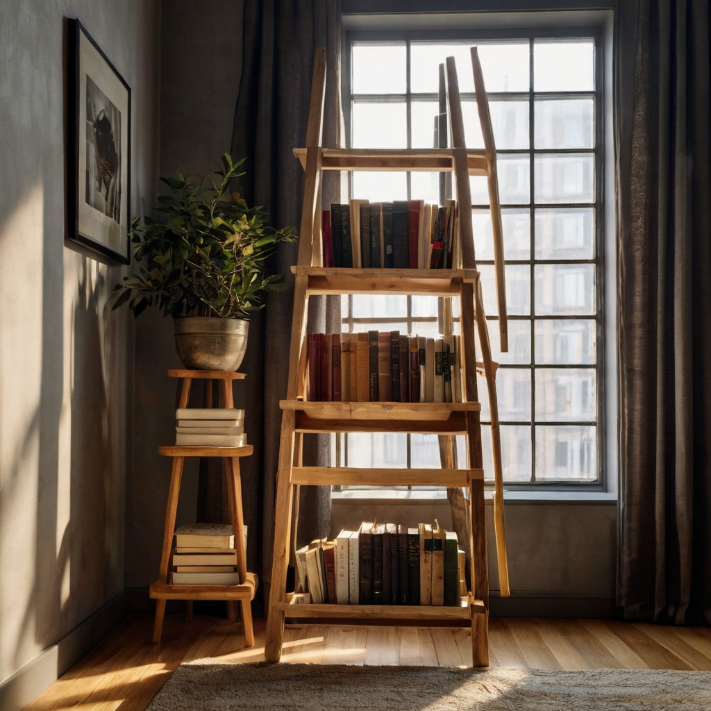 A wooden ladder storage rack holding books, blankets, and decor. Sunlight highlights the rustic charm and space-saving design.