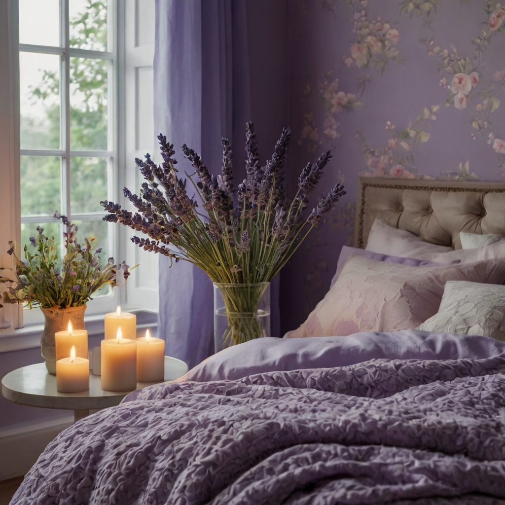 A serene bedroom with lavender walls and soft floral bedding, enhanced by fresh lavender plants and candles. The soft lighting creates a calm, pastel-infused atmosphere.