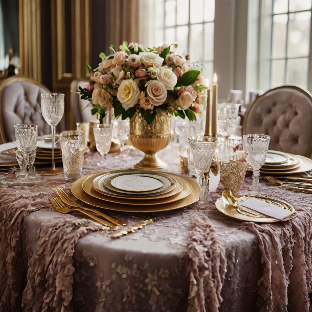 Chiffon and lace layers over a shimmering sequined tablecloth, creating a soft and luxurious table setting.