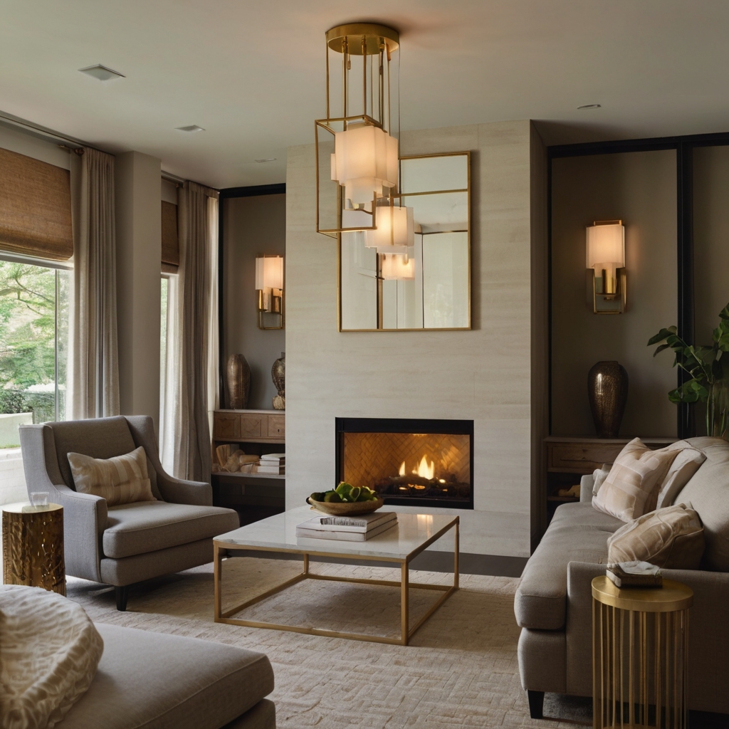 A statement chandelier, recessed lighting, and table lamps create a layered glow. The mix of ambient and accent lighting enhances the room’s depth.