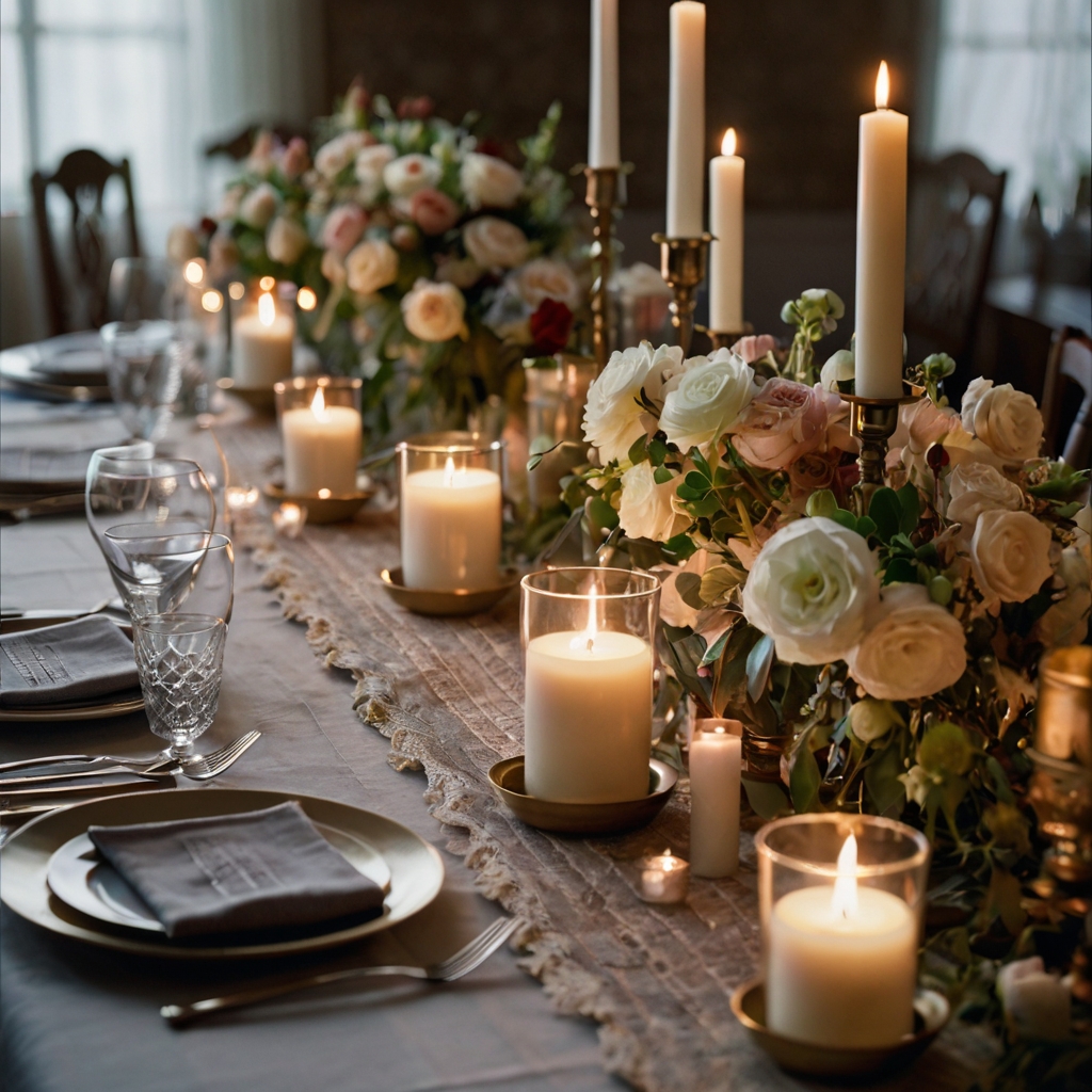 Layered fabric runners in linen, lace, and velvet cascade across the table. Votive candles and floral accents add depth and elegance.