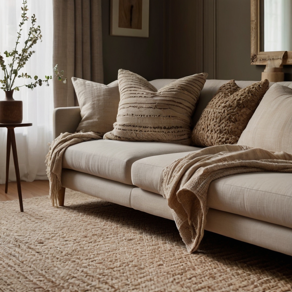 A mix of wool, linen, and silk textiles adds depth to a cozy living space. Soft throws and cushions enhance warmth and tactile appeal.
