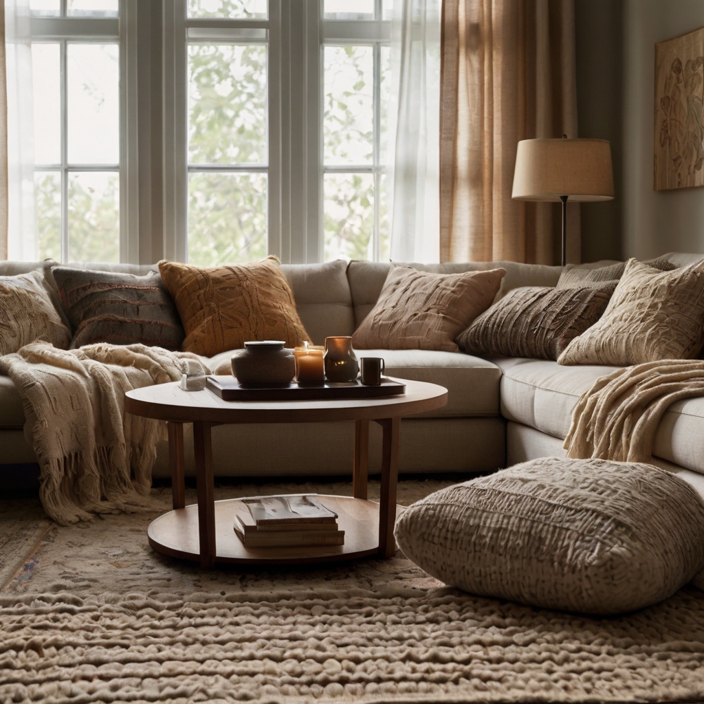 A cozy living room with plush cushions, knitted throws, and a textured rug. Soft daylight enhances the warmth and inviting feel.