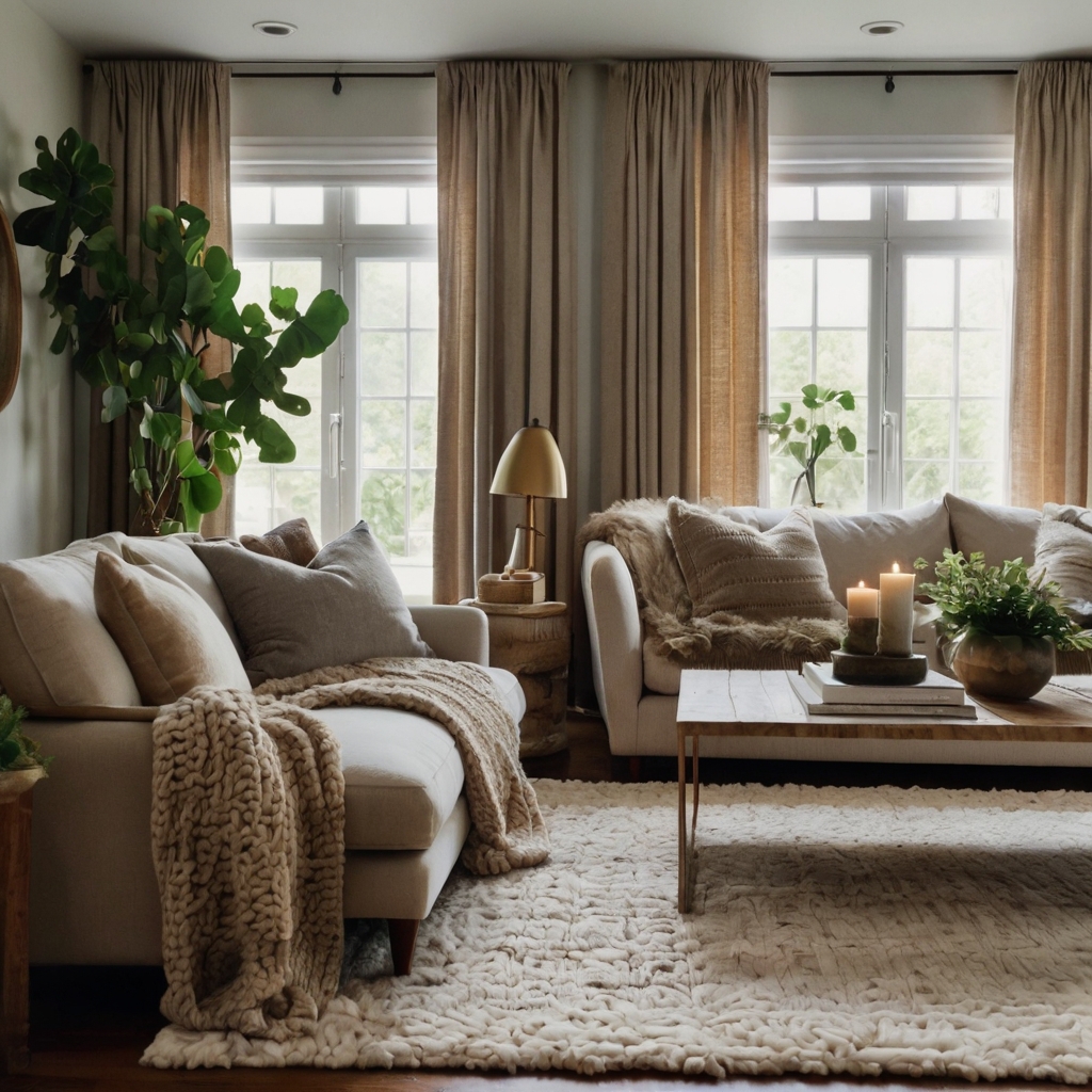 A mix of knitted throws, velvet cushions, and a plush rug. Light linen curtains keep the space airy and warm.