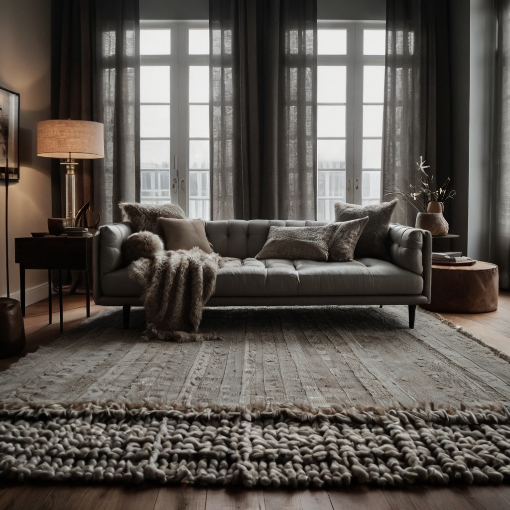 A grey sofa layered with wool throws, leather, and woven textures feels cozy. Warm lighting enhances the depth and tactile appeal.