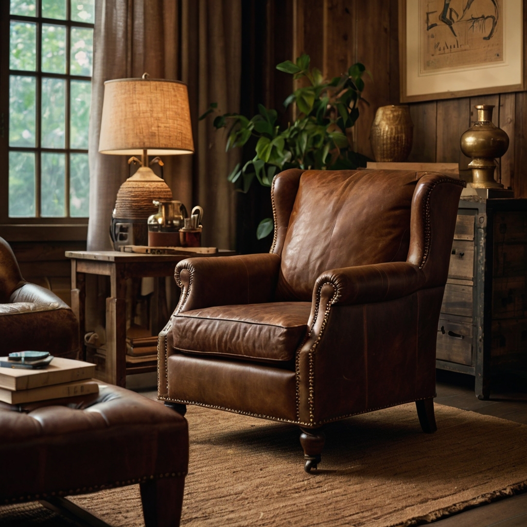 A distressed leather armchair with brass nailhead trim on a jute rug. Warm lighting highlights the rich patina, blending vintage and rustic styles.