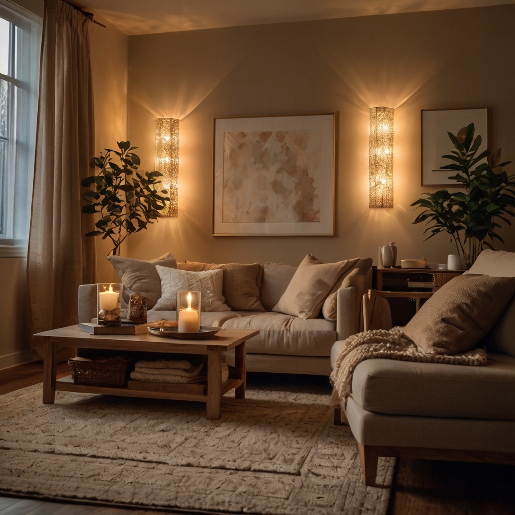 A cozy living room with warm ambient lighting from fairy lights and sconces. The soft glow enhances textured walls and a plush sofa.