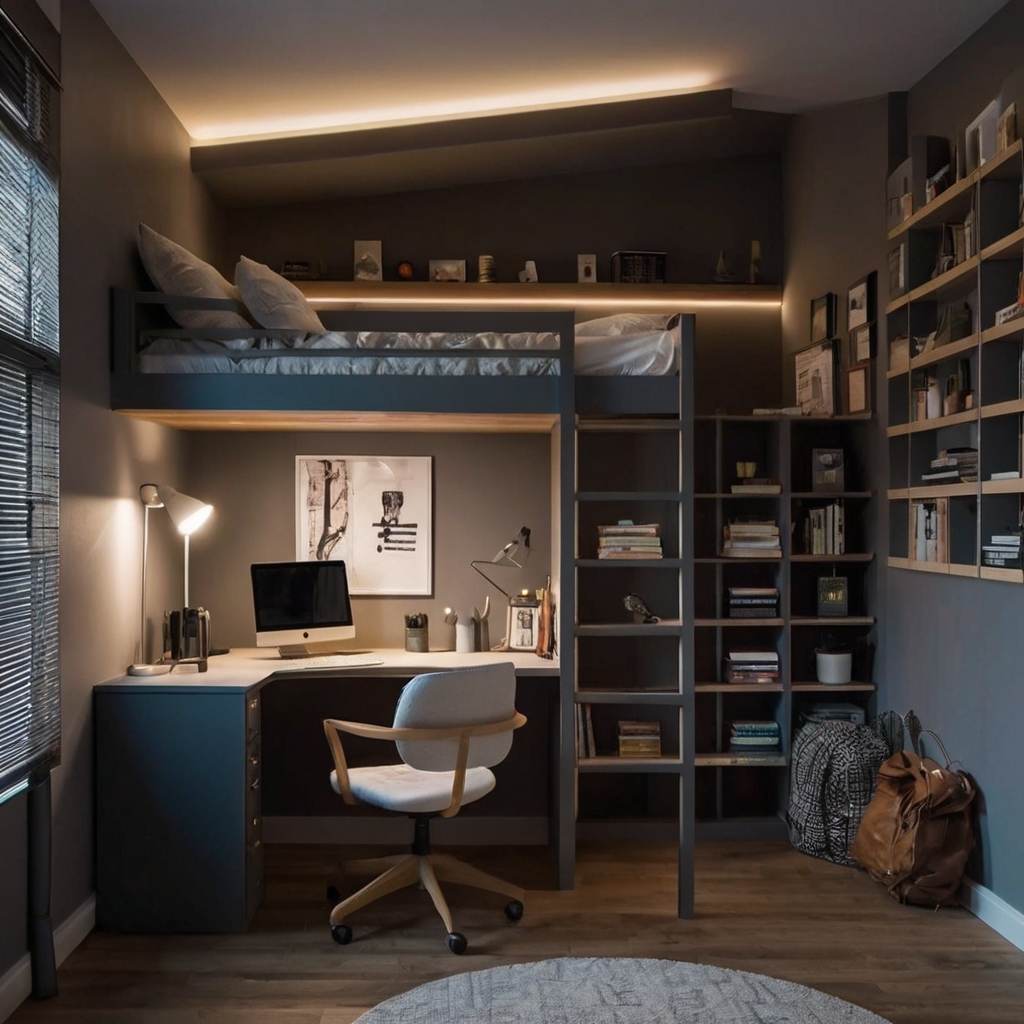 A space-saving loft bed with a desk and shelves underneath, maximizing small spaces.