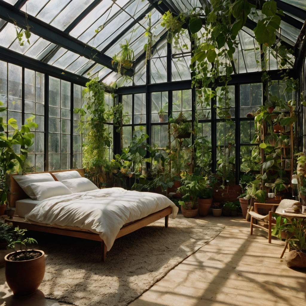 A bedroom with floor-to-ceiling windows and abundant greenery, creating a greenhouse feel. Bright lighting highlights the flourishing plants and textures.