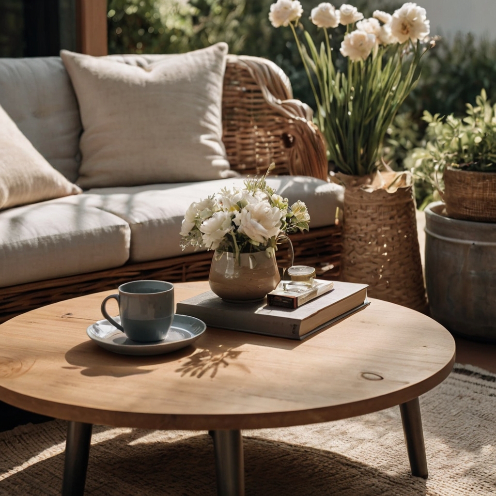 A stylish outdoor coffee table paired with a cozy lounge chair and a woven throw. A fresh flower vase and an open book add charm to the relaxed setting.