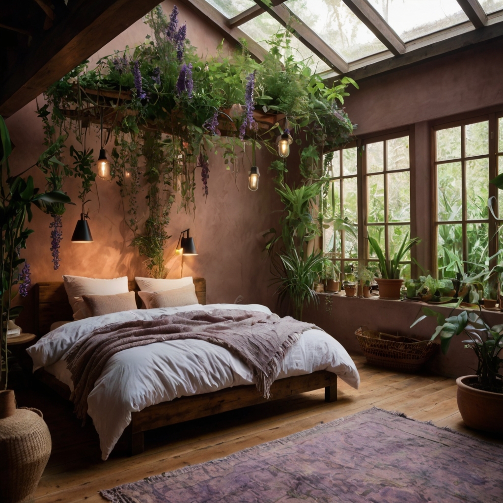 A bedroom surrounded by hanging vines and potted plants, with wooden furniture blending into the greenery. Natural light filters through the leaves, creating a warm, earthy atmosphere.