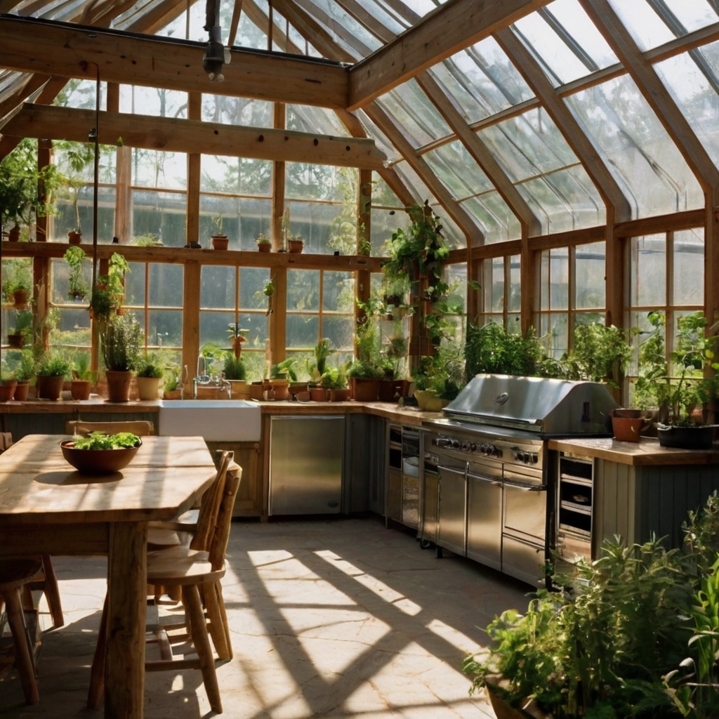 A garden-integrated outdoor kitchen with raised vegetable beds, a wood-fired stove, and fresh herbs. A farm-to-table paradise.