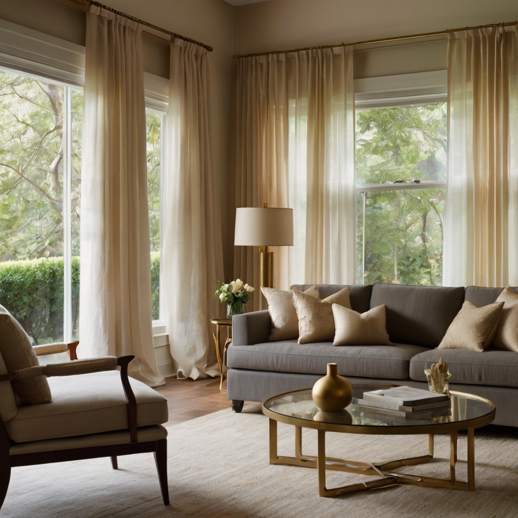 Elegant floor-length drapes in rich fabric cascade softly to the floor. Gold tiebacks and sheer panels enhance the refined, airy ambiance.
