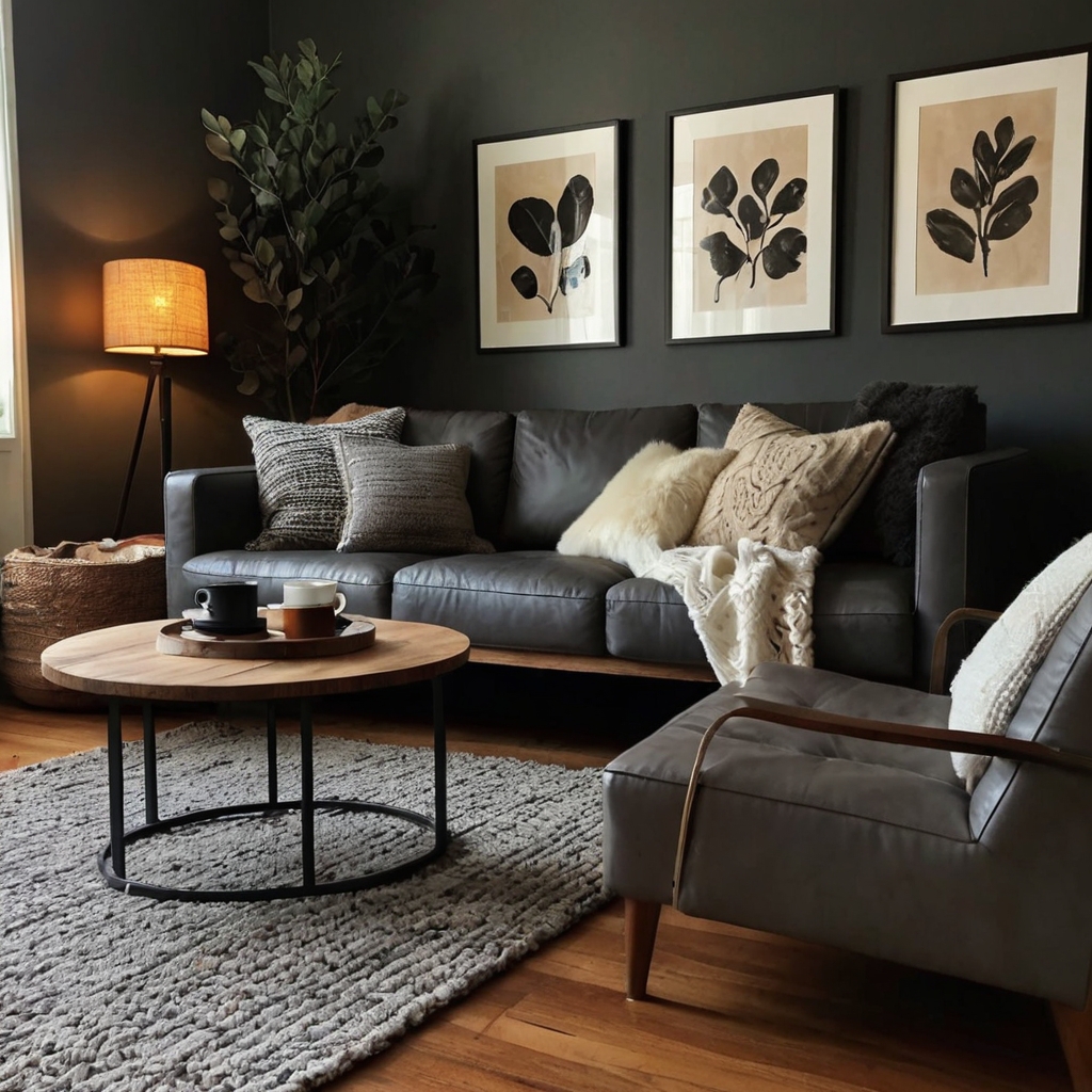 A dark grey leather couch adds sleek elegance, softened by plush pillows. Gold accents and moody lighting enhance the upscale feel.