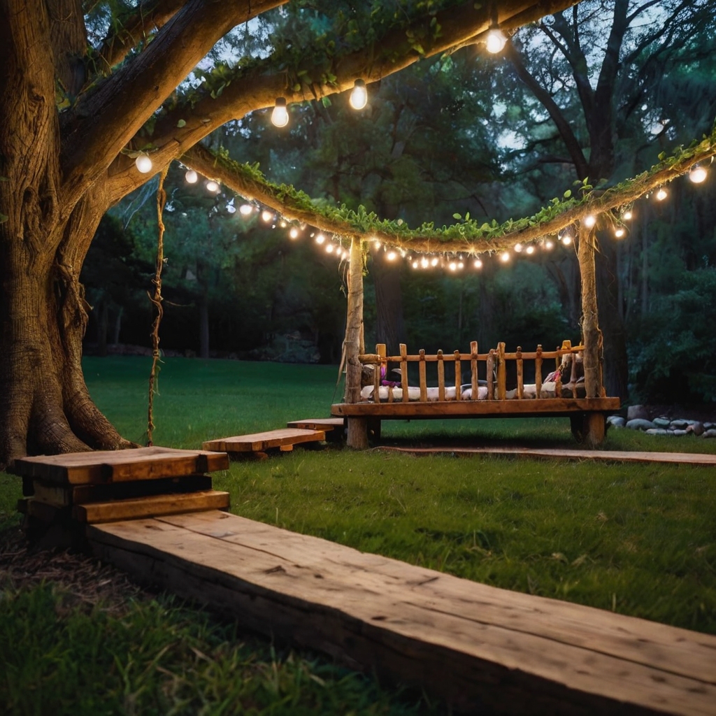 A dreamy backyard with fairy lights twinkling in lush green trees. Wooden bridges and secret hideouts create a magical world for kids.