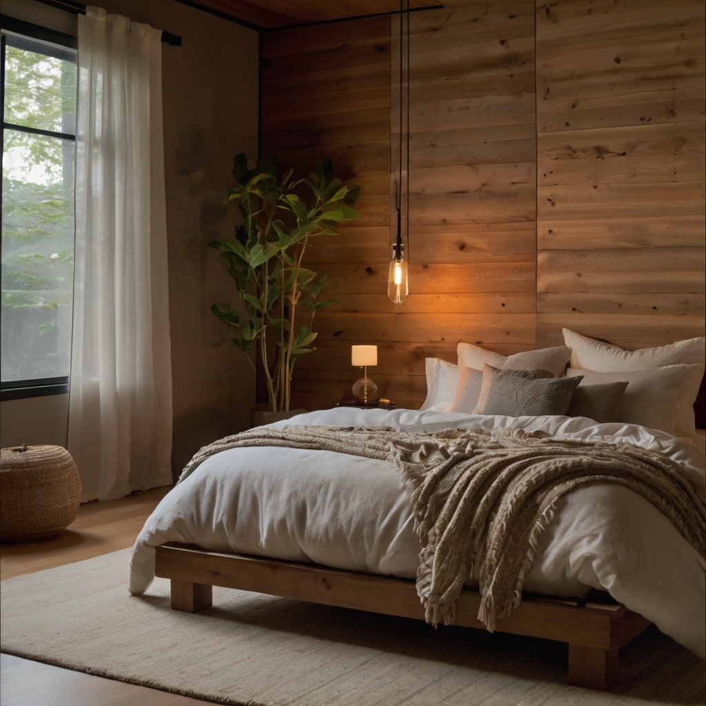 A calming maplewood-inspired bedroom with neutral tones and aromatic candles. Soft natural lighting creates a serene, mindful space.