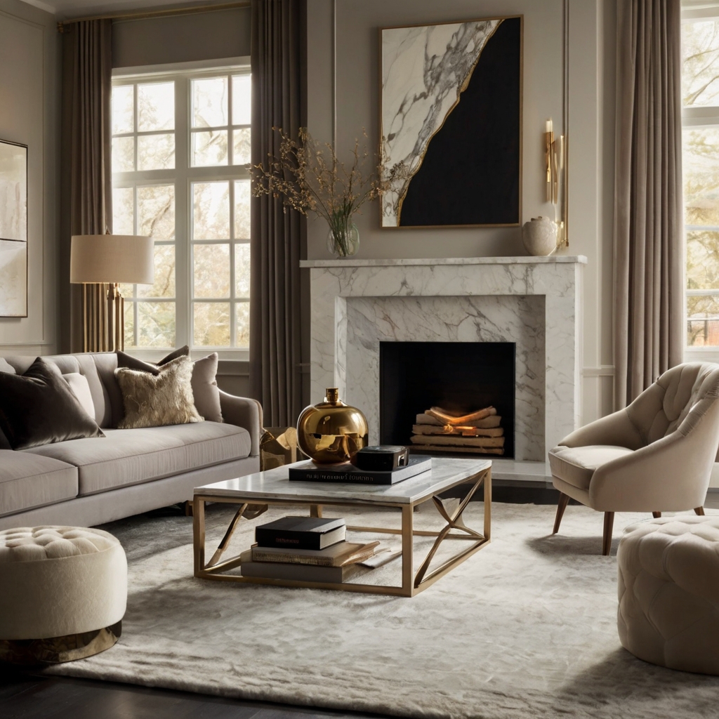 A polished marble coffee table sits atop a plush rug, exuding modern sophistication. Gold accents and soft lighting enhance the sleek, luxurious aesthetic.