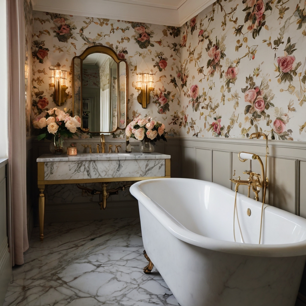 A luxurious Victorian bathroom with polished marble countertops and brass hardware. Floral wallpaper and a freestanding tub evoke vintage elegance.