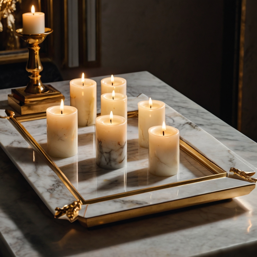 A luxurious marble tray holds elegant candles and gold accents. The candlelight reflections create a high-end, sophisticated atmosphere.