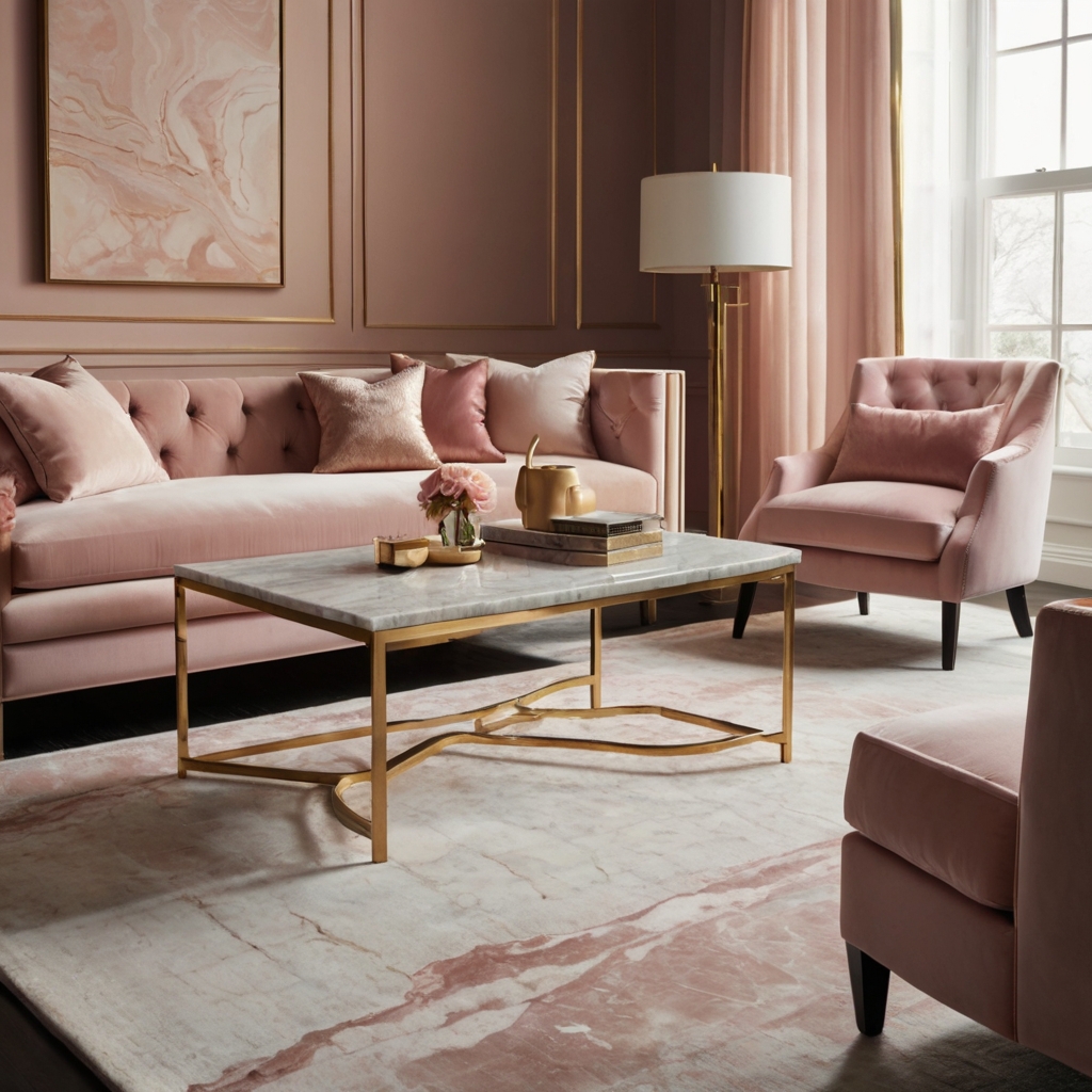 A chic living room with a faux marble tray and rose gold decor. Soft pink cushions add a feminine touch.