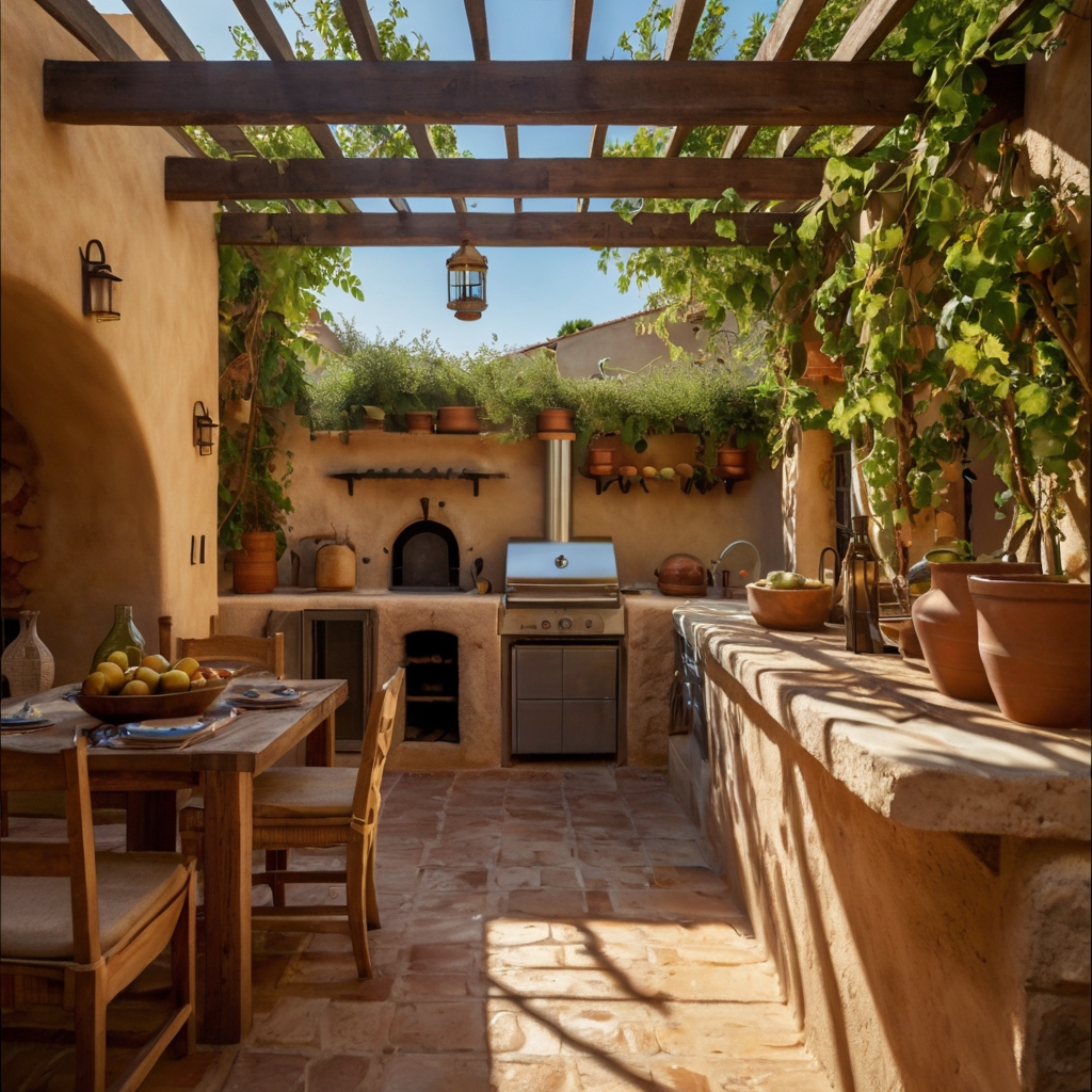 A dreamy Mediterranean outdoor kitchen with stucco walls, terracotta tiles, and a wood-fired oven. A cozy retreat bathed in golden light.