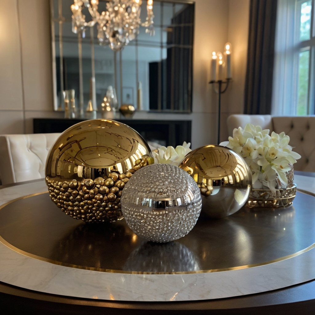 A metallic bowl holds reflective gold and silver orbs on a table. The arrangement adds a touch of luxury with shimmering light reflections.