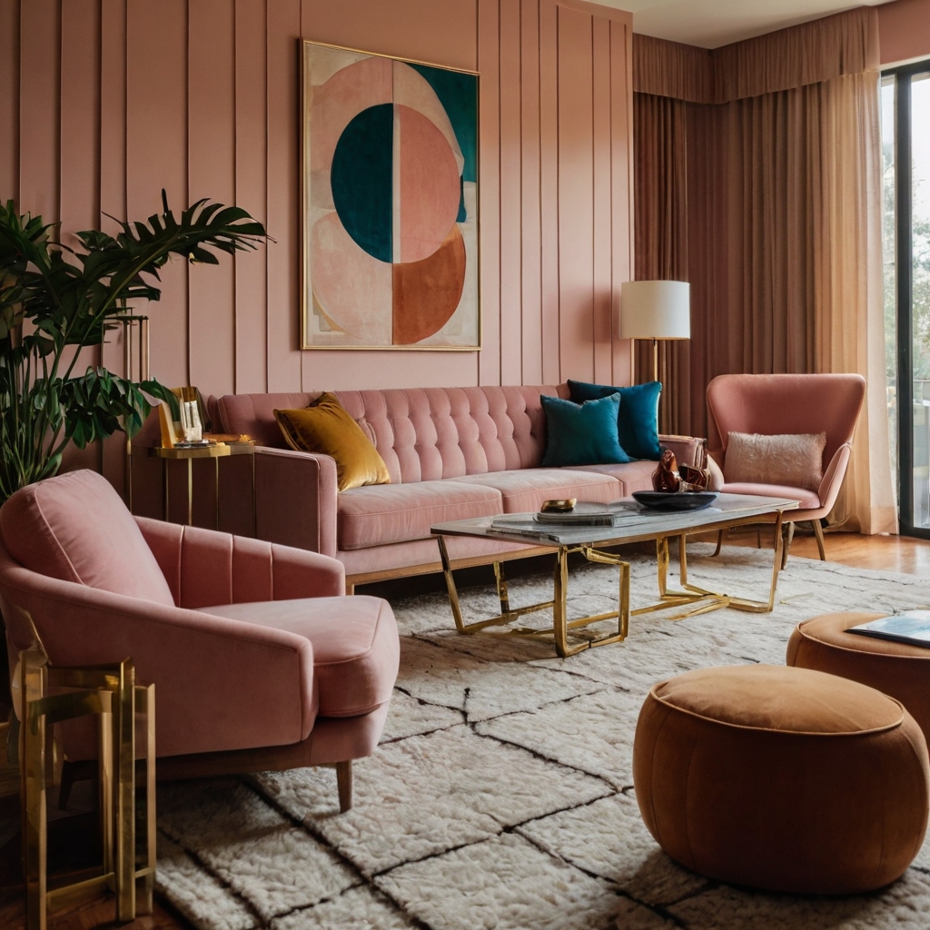 A structured pink sofa with wood and gold accents in a mid-century setting. Warm lighting highlights vintage charm.