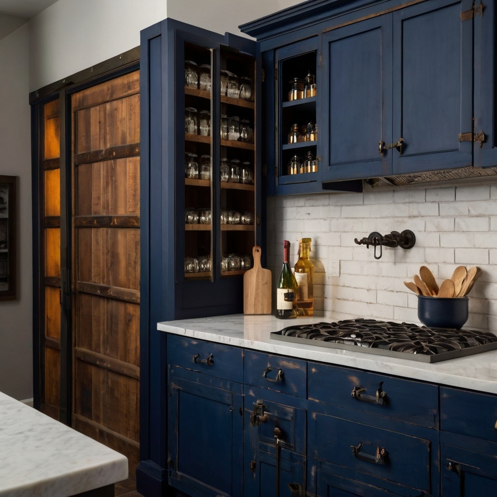 Design your kitchen with midnight blue pantry doors, accented by rustic, aged hardware. The deep color and vintage charm add warmth and intimacy.