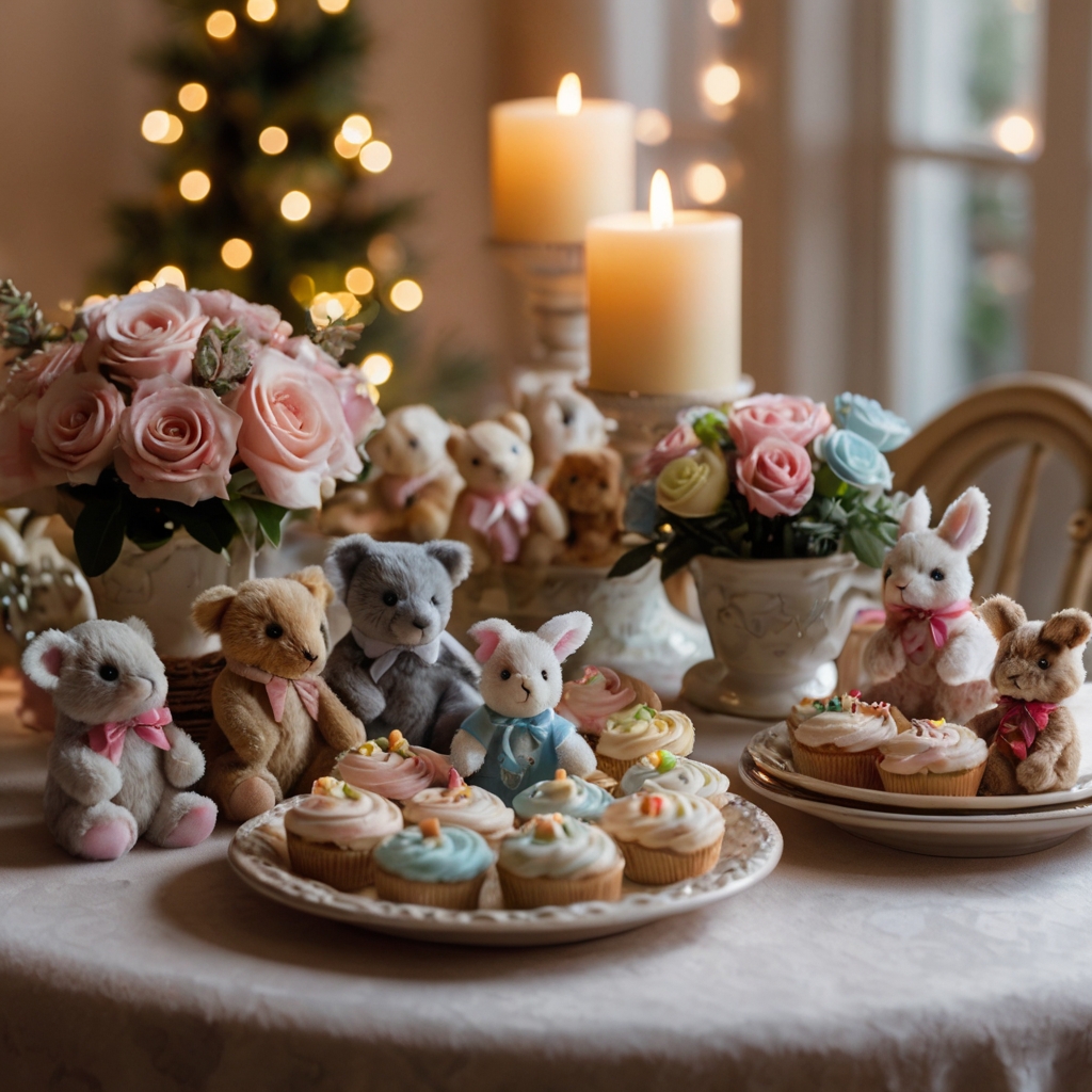 Tiny plush bears and bunnies nestled among floral arrangements, adding a cute and cozy touch to the table.