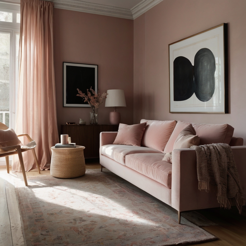 A pastel pink couch in a serene, minimalist living room with white walls. Soft natural light adds warmth and tranquility.