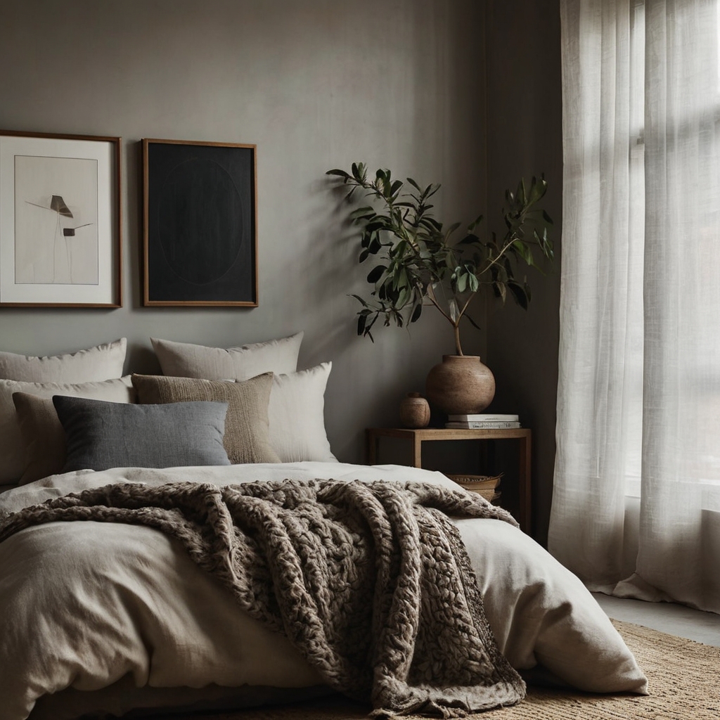 A minimalist bedroom with meaningful personal touches like framed art and unique ceramics. The close-up shot highlights textures and curated details.
