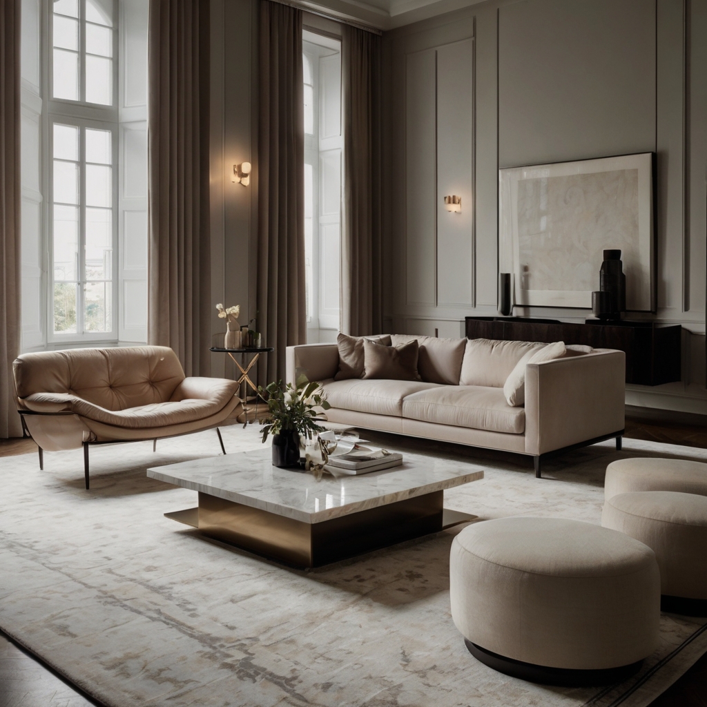 A sleek, minimalist space features high-end furniture and a neutral palette. Carefully curated decor enhances the sense of refined simplicity.