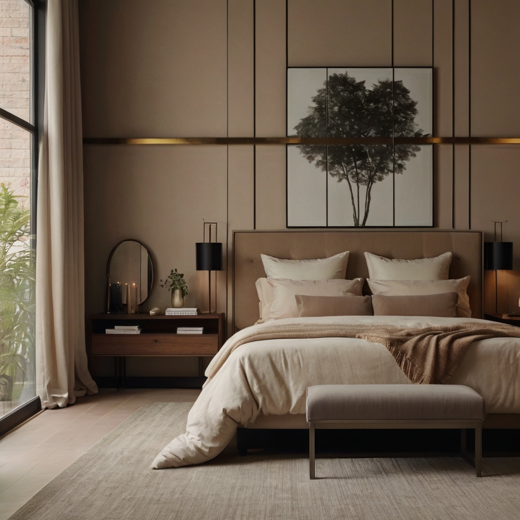A harmonious bedroom with dual nightstands, soft lighting, and warm neutrals. A balanced layout enhances intimacy while keeping the space clutter-free.
