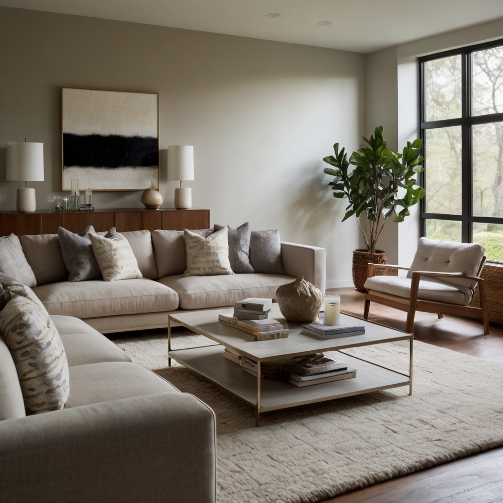 A bright, airy living room with clean lines, light walls, and elegant simplicity. Floor-to-ceiling windows enhance the spacious feel.