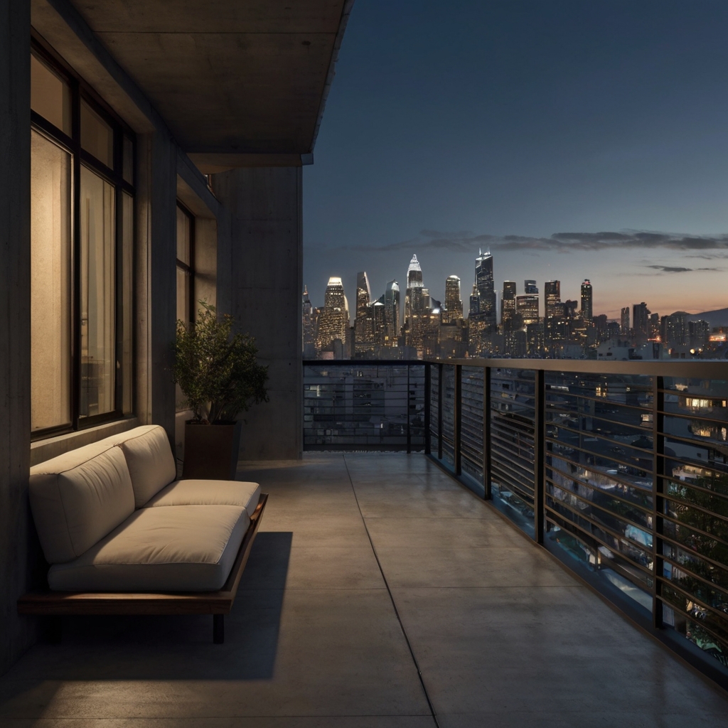 A sleek concrete balcony with a lounge chair and glass railing offers modern simplicity. Subtle lighting and a potted plant enhance the tranquil, urban escape.